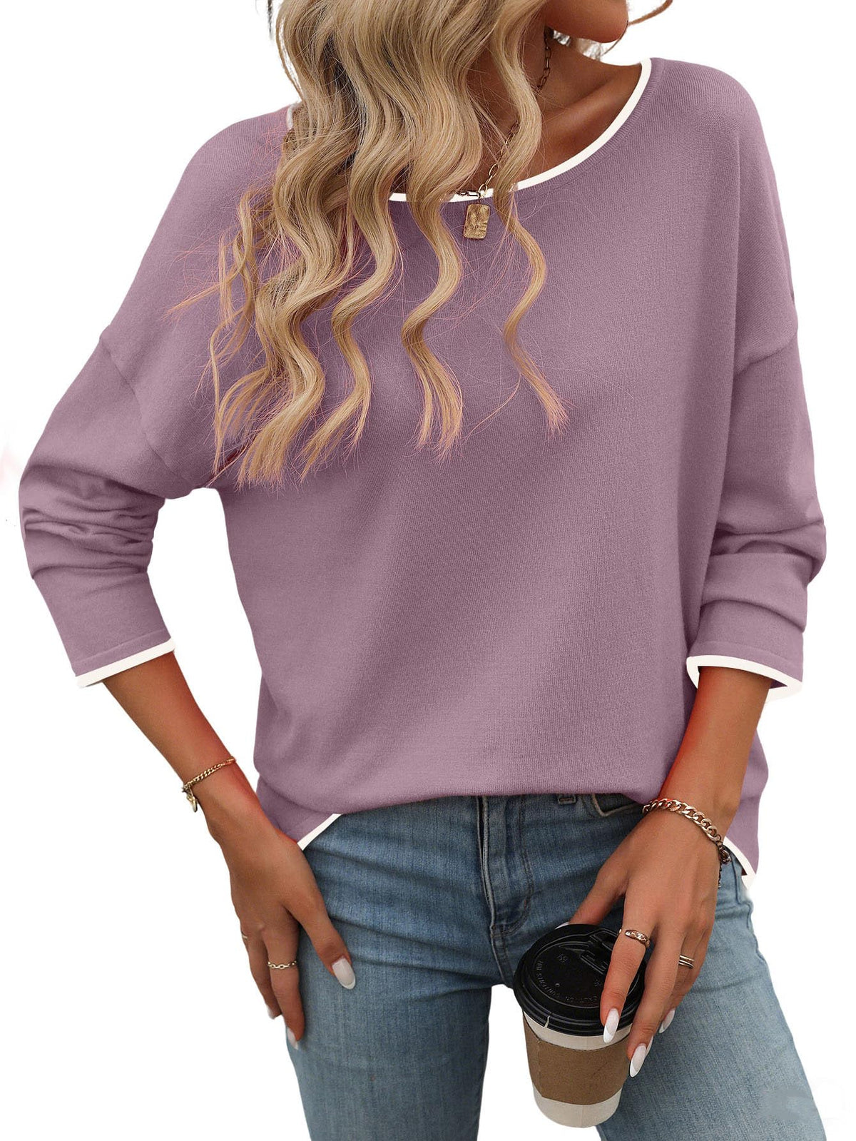 PrinStory Womens Fall Sweaters Loose 2024 Long Sleeve Outfits Crewneck Knit Lightweight Casual Pullover Tops Gray Purple 2XL