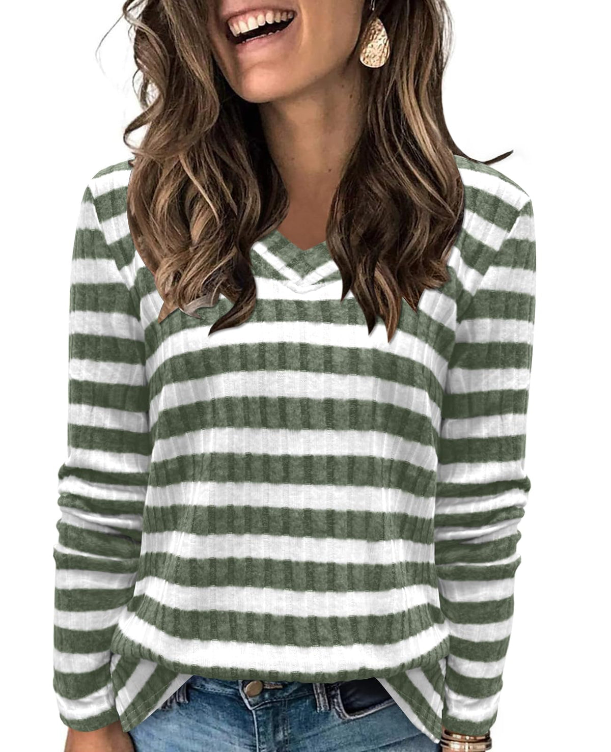 DouBCQ Womens Plus Size Long Sleeve Striped Shirts Casual V Neck Tunic Tops Fashion Loose Fall Sweaters (Dark Green Stripe2XL)