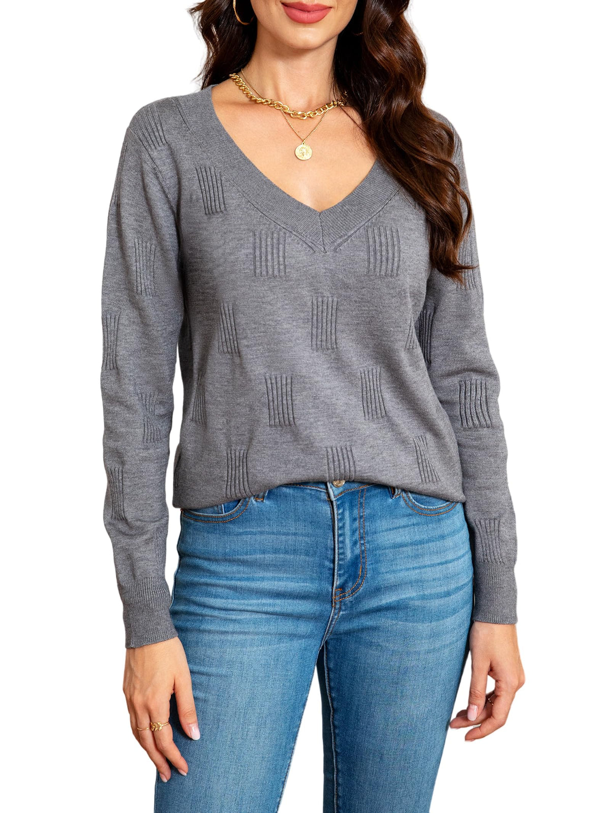 KINIKO Fall Sweaters for Women 2024 Casual Long Sleeve V Neck Lightweight Pullover Jumpers Solid Womens Tops Trendy Dressy Blouse Business Outfit Grey XL