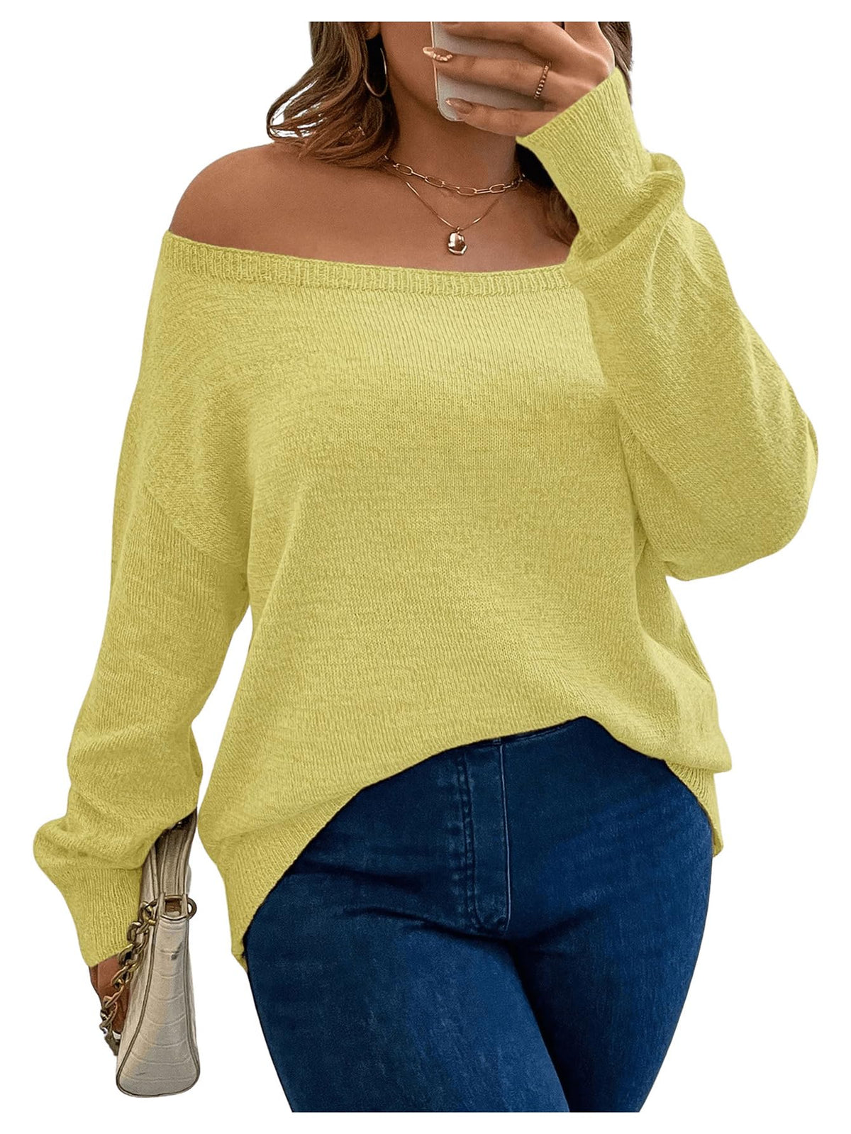 SOLY HUX Womens Plus Size Sweater Off Shoulder Long Sleeve Fall Sweaters Loose Lightweight Pullover Tunic Tops Pure Light Yellow X-Large Plus