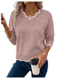 MakeMeChic Womens 2024 Fall Sweaters Long Sleeve Lettuce Trim Lightweight Ribbed Knit Casual Pullover Sweater Tops Dusty Pink Large