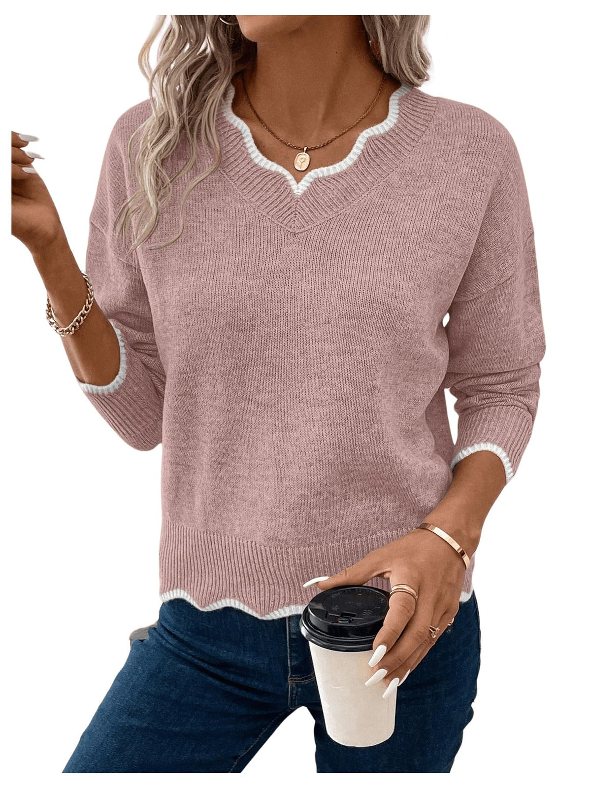 MakeMeChic Womens 2024 Fall Sweaters Long Sleeve Lettuce Trim Lightweight Ribbed Knit Casual Pullover Sweater Tops Dusty Pink Large