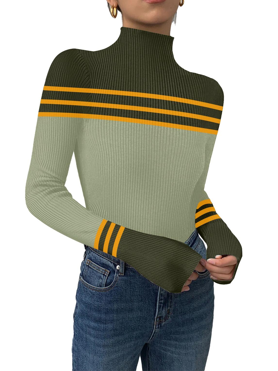 Womens Long Sleeve Shirts 2024 Fall Sweaters Crewneck Striped Knitted Tops Slim Fitted Casual Basic Tee Tops（M.Triple Green）
