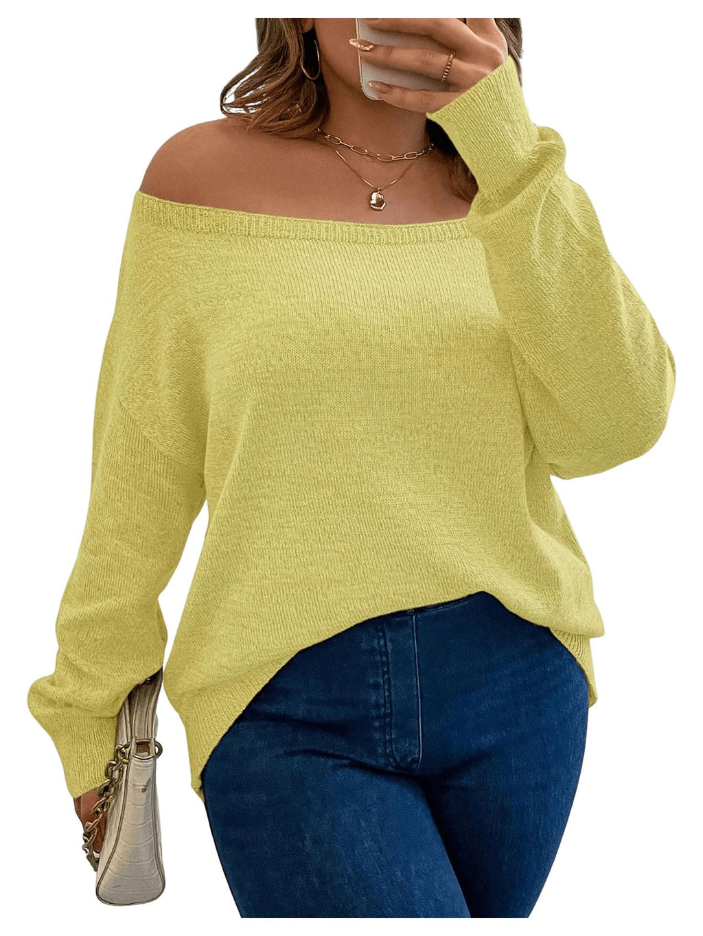 SOLY HUX Womens Plus Size Sweater Off Shoulder Long Sleeve Fall Sweaters Loose Lightweight Pullover Tunic Tops Pure Light Yellow X-Large Plus