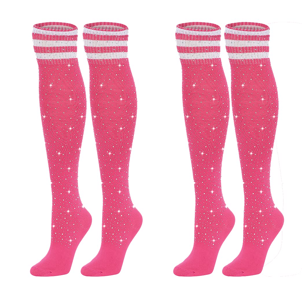 ANNTXL Womans Rhinestone Over Knee High Socks Stripe Knit Stockings Leg Warmers for Christmas Valentines day Events