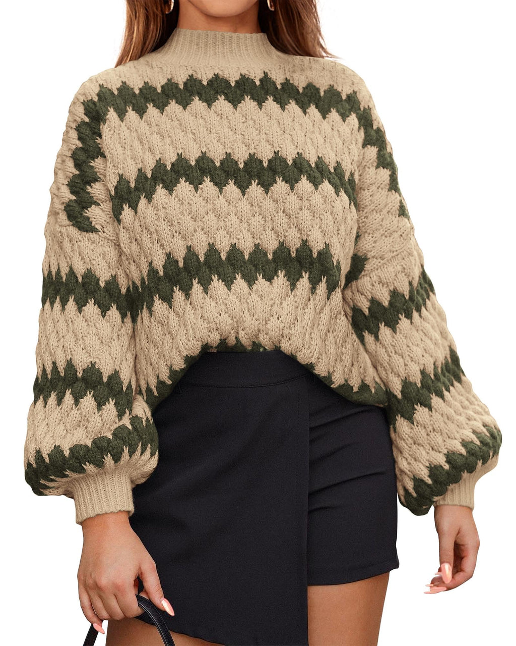 KIRUNDO Womens Fall Sweaters 2024 Oversized Lantern Sleeve Striped Color Block Mock Neck Chunky Cable Knit Cropped Sweater(Green XX-Large)