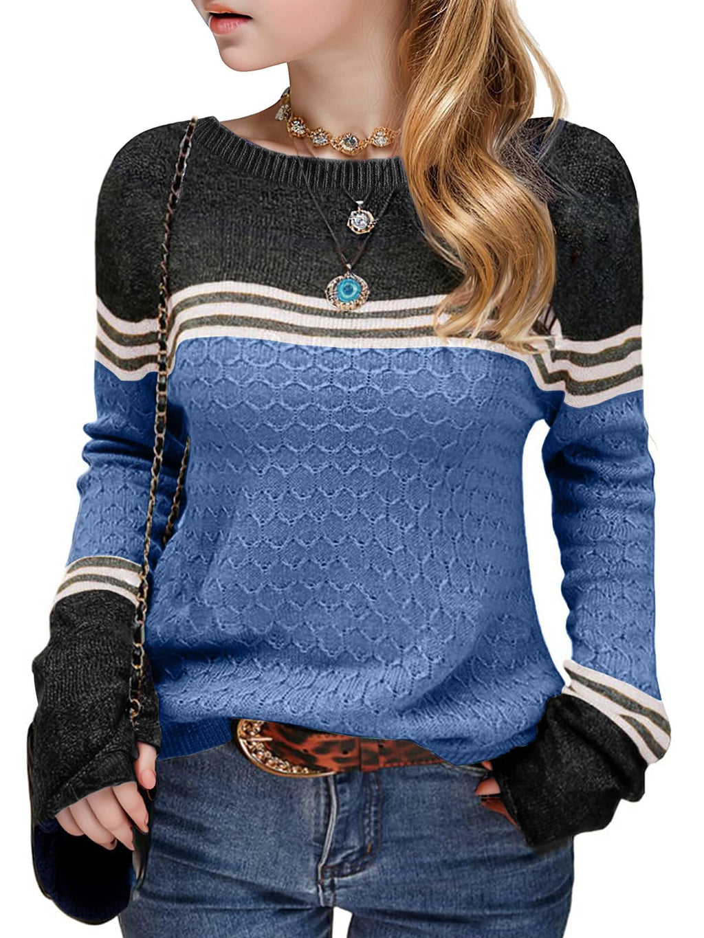 Seiciviy Girls Fall Sweaters Winter Long Sleeve Round Neck Color Block Striped Casual Loose Lightweight Spring Cozy Tops