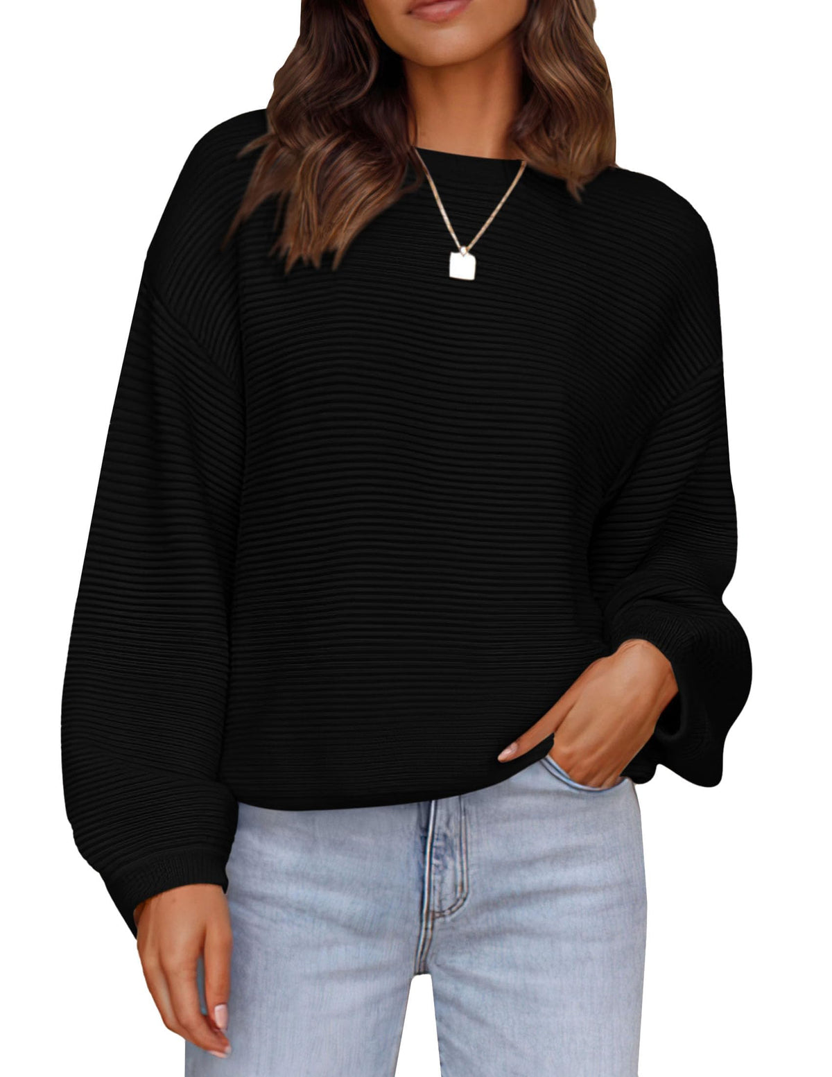 PRETTYGARDEN Womens Fall Sweaters 2024 Casual Loose Crewneck Ribbed Long Sleeve Top Knit Pullover Sweater (BlackSmall)
