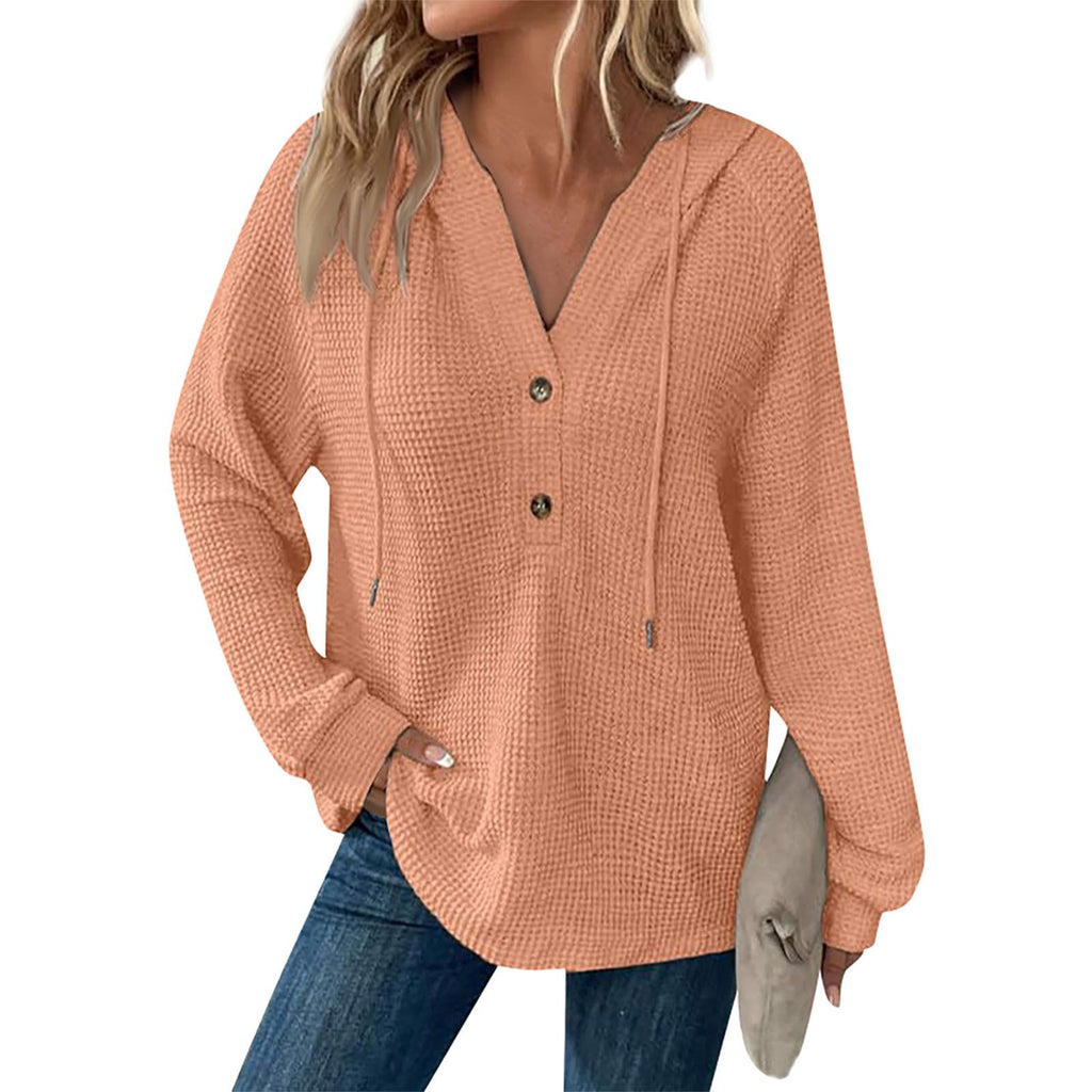 Hoodies For Women Trendy Pullover Fall Sweaters For Women 2024 Plus Size Drawstring Long Sleeve Shirts Buttons Waffle Knit Tops Pullover Hoodie Oversized Sweatshirt V Neck 2024 Beige Xxl