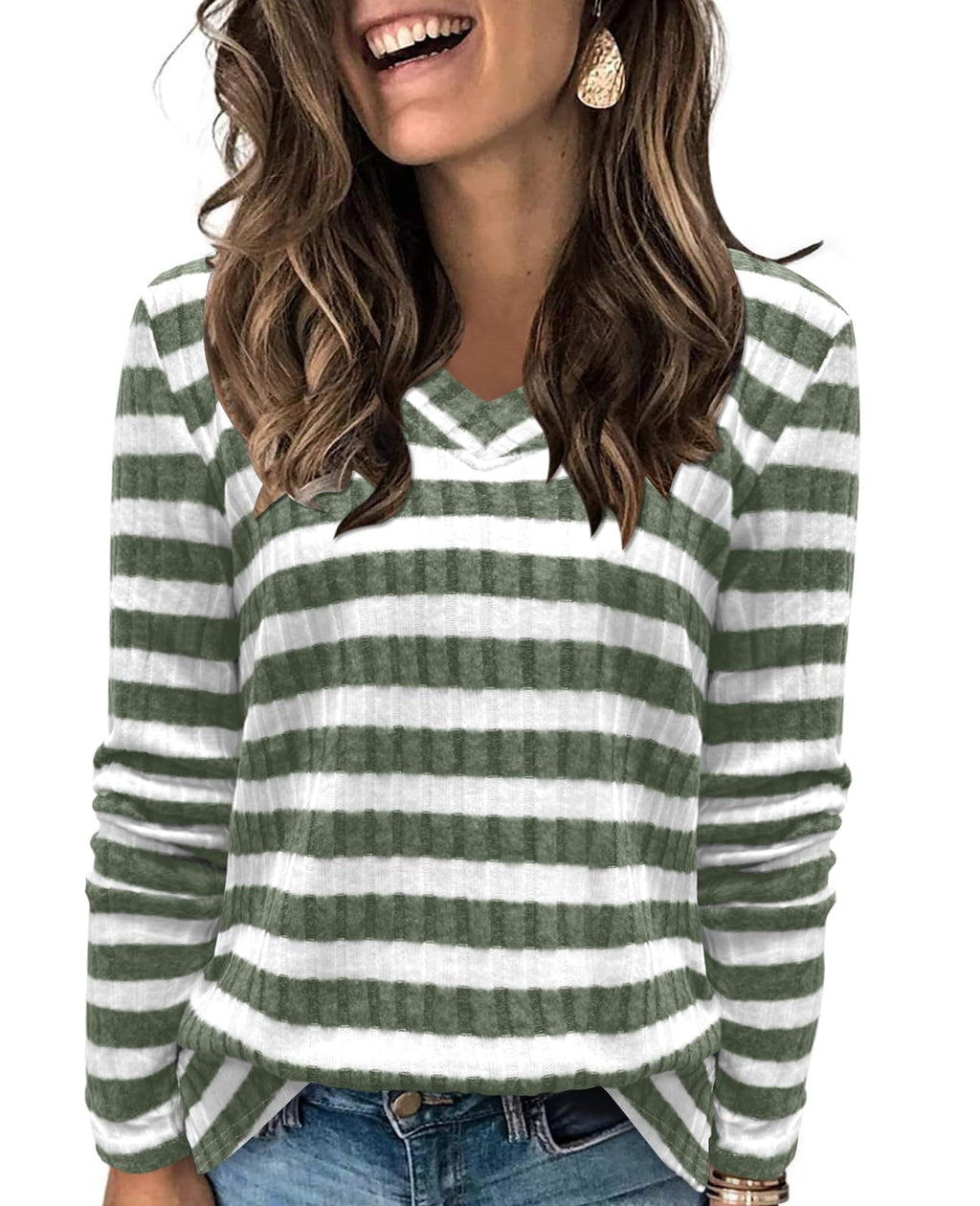 DouBCQ Womens Plus Size Long Sleeve Striped Shirts Casual V Neck Tunic Tops Fashion Loose Fall Sweaters (Dark Green Stripe2XL)