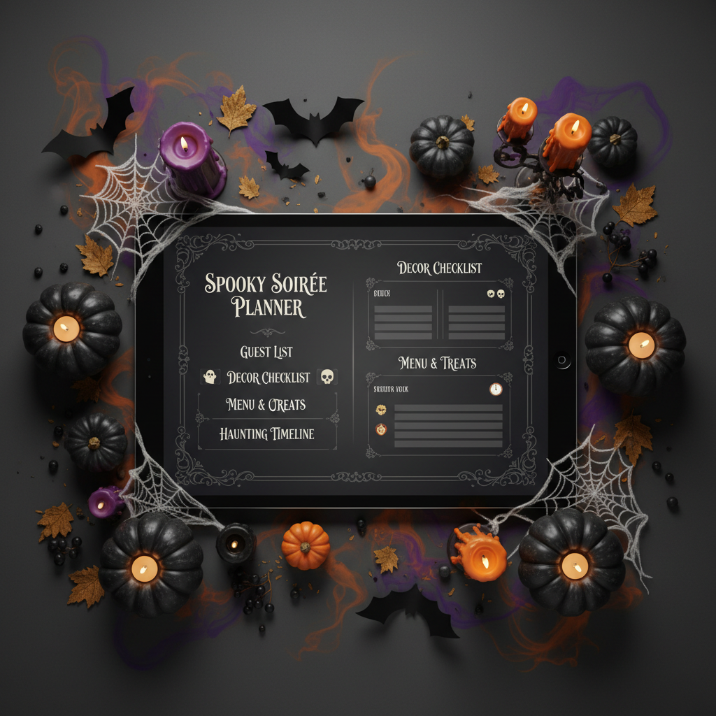 Halloween Party Planner digital template cover with spooky decorations
